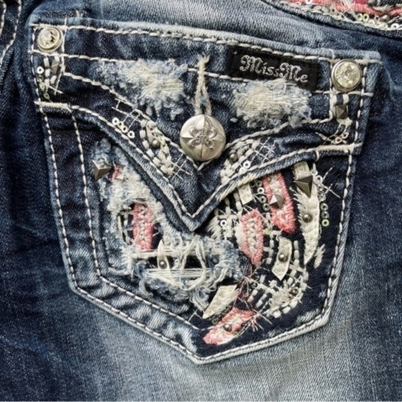 π Miss Me Mid Rise Easy Straight Boot Cut Distressed Blue Jeans - Picture 8 of 12